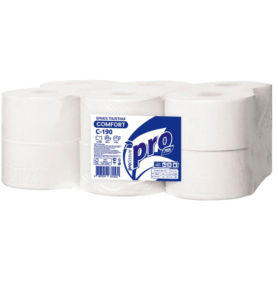 C190 Туалетная бумага PROtissue Comfort в больших рулонах однослойная, 12 рулонов по 200 метров