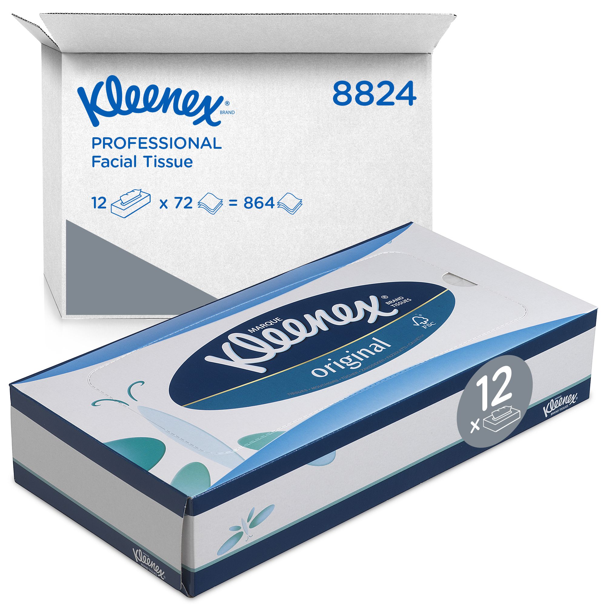 8824 Косметические салфетки Kleenex для лица трехслойные, 12 пачек по 72 листа
